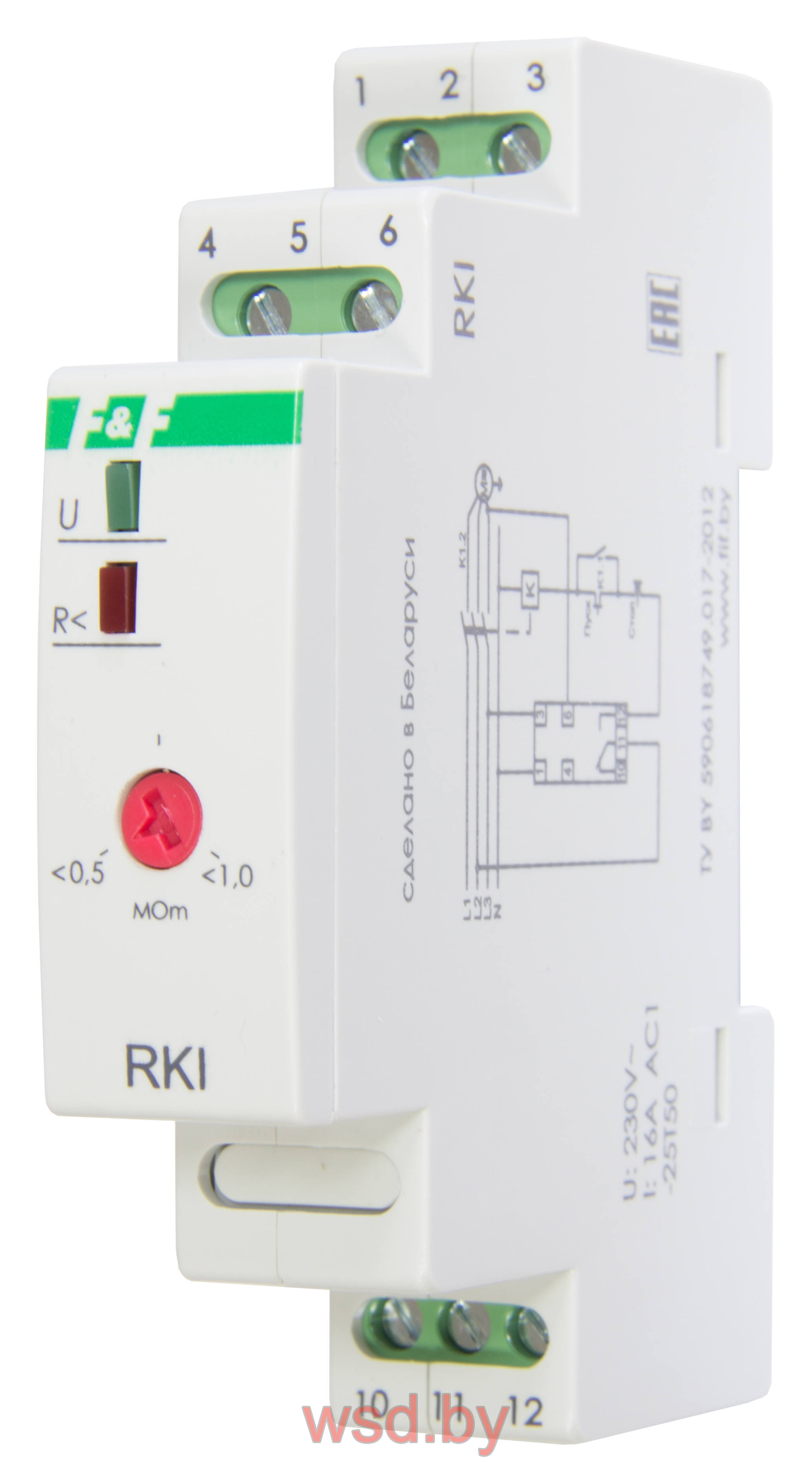 RKI Реле контроля изоляции обмоток электродвигателей в одно и трехфазных сетях переменного тока, 1 модуль, монтаж на DIN-рейке 230В AC 16А 1NO/NC IP20